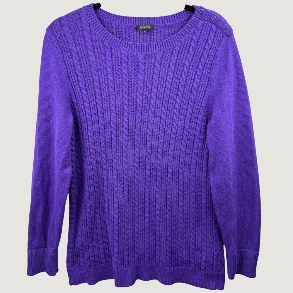 Talbots Cable Knit Sweater Women Large Purple Button Shoulder Classic Preppy